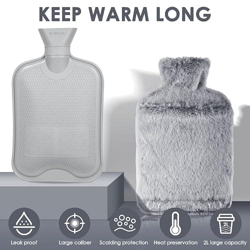 BOLEi Hot Water Bottle with Luxury Cosy Faux Fur Cover,2L Leakproof Large Hot Water Bag for Neck,Shoulder,Hand Feet Warmer,Gifts for Women,Men(Grey) thumbnail 3