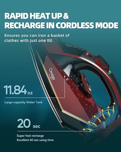 OMAIGA Cordless Iron for Clothes - 1500W Steam Iron with Non-Stick Ceramic Soleplate, Rapid Heating, Auto Shut Off, Burst of Steam, Self-Clean, Anti-Drip, Anti-Calc, 3 Temperature Settings, Red thumbnail 6