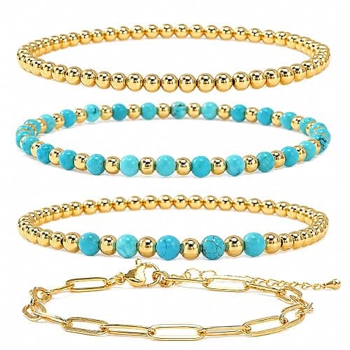 EQUBIO Gold Bracelets for Women Non Tarnish Waterproof | Dainty stackable beaded designs with mixed bead sizes and decorative accents for everyday layering, casual wear and gifting - Image 1