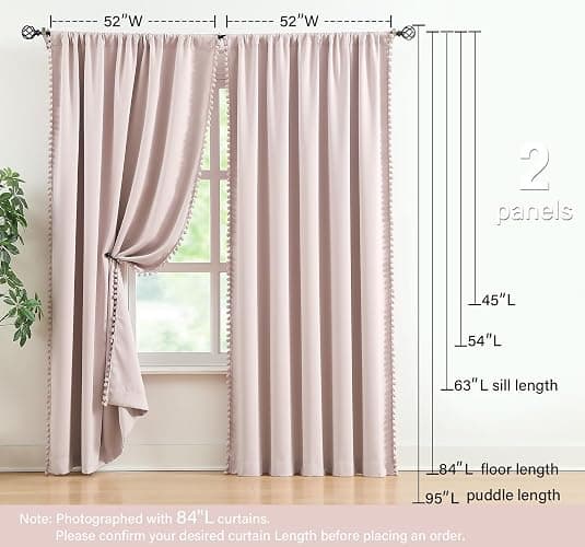 Treatmentex Pom-Pom Pink Half-Blackout Curtains 45'''' Short Window Curtain Set for Girls Baby Nursery Room Darkening Drapes 2 Panels Rod Pocket,Adult thumbnail 6