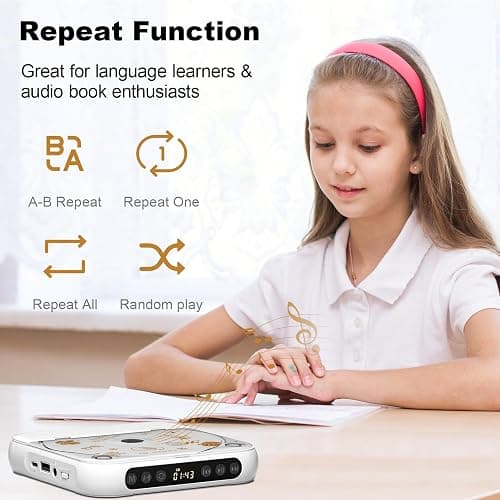 Portable CD Player, Personal CD Player with Bluetooth for Home, Rechargeable Small CD Player with Headphones,Built-in HiFi Speakers, Support CD/AUX/USB, Anti-Skip/Shockproof thumbnail 7