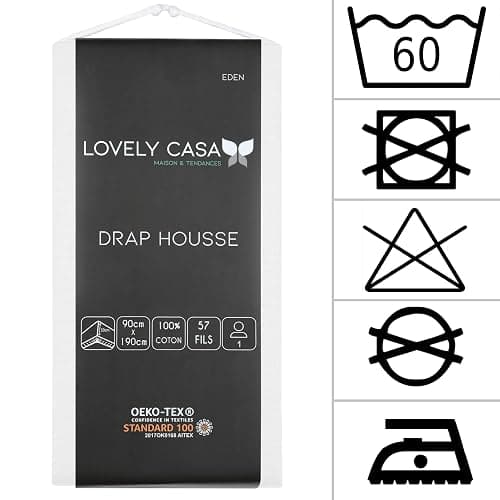 Lovely CASA - Drap Housse -Taille 90x190 cm Grand Bonnet 30 cm -100% Coton certifié Oeko-Tex - Couleur Blanc -Modèle Eden - Linge de Lit pour Maison - Doux et Confortable pour Nid Douillet thumbnail 5