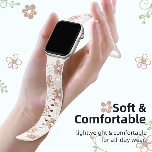 Witzon Floral Band Compatible with Apple Watch Bands For Women 40mm 41mm 38mm 42mm 44mm 45mm 46mm 49mm, Engraved Cute Flower Silicone Dressy Strap for iWatch Series 11 10 9 8 7 6 5 4 3 2 SE Ultra thumbnail 3