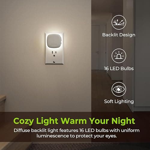 AUVON Plug-in LED Backlit Night Light with Motion Sensor & Dusk to Dawn Sensor, Dimmable Cool White Nightlight with 1-50 lm Adjustable Brightness for Bedroom, Bathroom, Stairs, Hallway (4 Pack) thumbnail 4