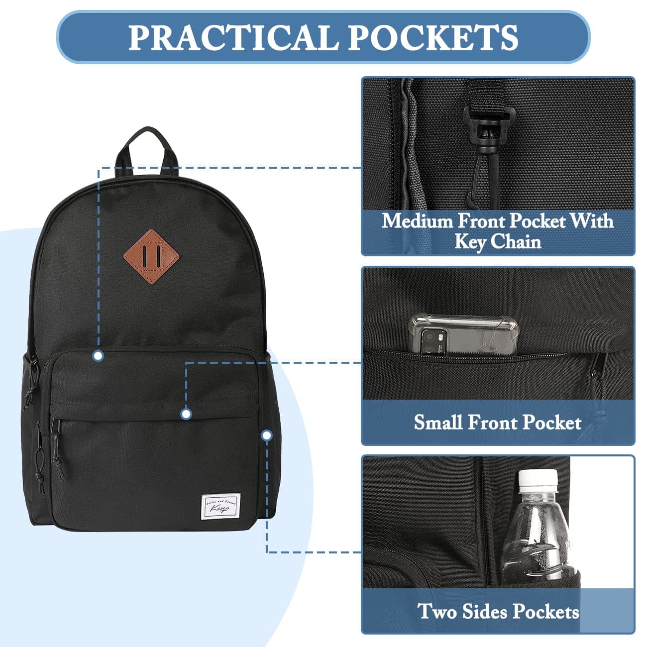 KASQO School Backpack, Lightweight Water Resistant Backpack for Men Women Classic Schoolbag Kids Bookbag 17.8L Daypack Travel Rucksack Bag for Teens College, Camping, Work thumbnail 4