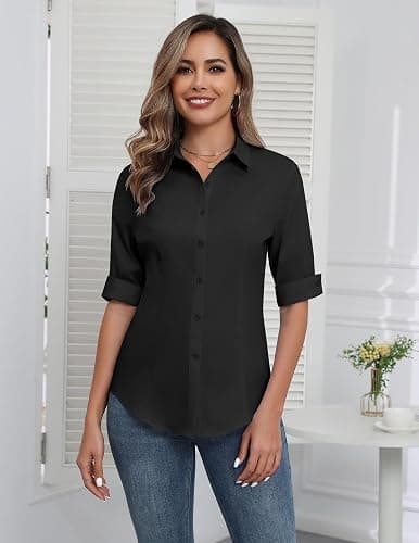 Zeagoo Womens Button Down Shirts 3/4 Sleeve Dress Blouses Business Casual Collared Oxford Tops thumbnail 3