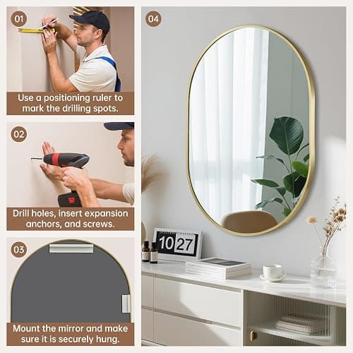 JENBELY Gold Oval Mirror, 17x30 Inch Pill Shaped Metal Frame Mirror, Oval Bathroom Mirrors for Over Sink, Wall-Mounted Mirrors for Hallway,Living Room, Fireplace thumbnail 6