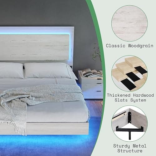 AMERLIFE Full Bed Frame, Farmhouse Floating Bed Frame with Recline Headboard, Platform Bed with LED Light, No Box Spring Needed/Noise Free, Distressed White thumbnail 6