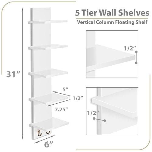 Sorbus 5-Tier Floating Wall Shelf with Hooks, 31 Inch (2 Pack, White) | Vertical five-level utility organization for kitchens, bedrooms and bathrooms; holds towels and mounted essentials. thumbnail 3