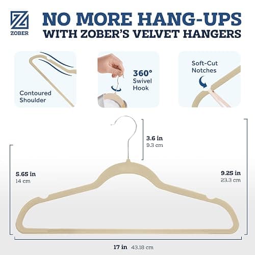 Zober Velvet Hangers 50 Pack - Ivory for Coats, Pants & Dress Clothes - Non Slip w/ 360 Degree Swivel, Holds up to 10 lbs - Strong Felt Hangers for Clothing thumbnail 2