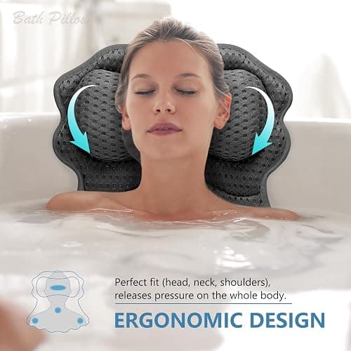 SetSail Bath Pillow, Relaxing Bath Pillows for Tub Neck and Back Support Soft 4D Breathable Air Mesh Ergonomic Bathtub Pillow with 6 Strong Suction Cups and Hook Luxury Bathroom Accessories,Black thumbnail 3