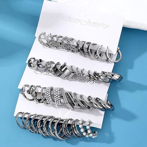 16-24 Pairs Gold Silver Black Earring Set for Women, Chunky Earring Multipack Punk Trendy Big Small Stud Hoop Earring Lightweight Twisted Pearl Ear Pack For Daily Birthday Party Gift thumbnail 6