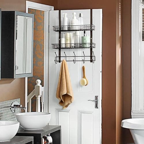 OYEAL Türgarderobe mit 5 Haken, 2 Körben, Stahl, stabil, langlebig, Garderobenleiste, Handtuchhaken, Hänge-Organizer, Regale für Zuhause, Schlafzimmer, Badezimmer, Küche, Braun thumbnail 7