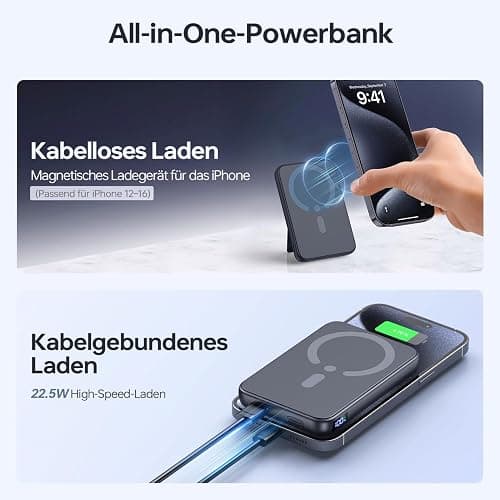 Powerbank für Magsafe, 12000mAh Magnetische Power Bank, PD 22.5W USB-A Ausgabe, Kabelloses Tragbares Ladegerät mit Typ-C-Eingang und Ausgang, LED-Anzeige für iPhone 17/16/15/14/13/12/Pro/Pro Max Serie thumbnail 3
