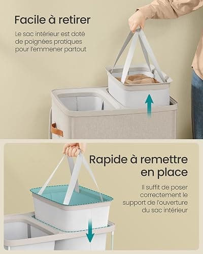 SONGMICS Panier à Linge, Corbeille à Linge Sale de 170 L, 2 Compartiments, Montage Facile, avec Couvercle et Poignées, Sacs Internes Amovibles, 56 x 40 x 75 cm, Beige Cappuccino LCB813L01 thumbnail 6