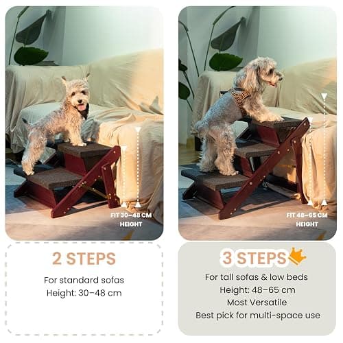 MEWANG Wooden Pet Stairs/Pet Steps - 3-in-1 Foldable Stairs & Ramp for Beds and Cars - Portable Dog/Cat Ladder Up to 220 Pounds - Great for Small and Older Animals(Brown) (24.8" L x 17.2" W x 19.5" H) thumbnail 4