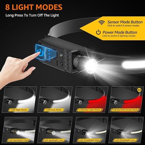 Head Torch Rechargeable, [2 Pack] Super Bright 230° Wide Beam Adjustable Focus Headtorch, 30 Hrs Runtime, 8 Modes with Motion Sensor, Waterproof Lightweight Headlamp for Camping Running Fishing thumbnail 3