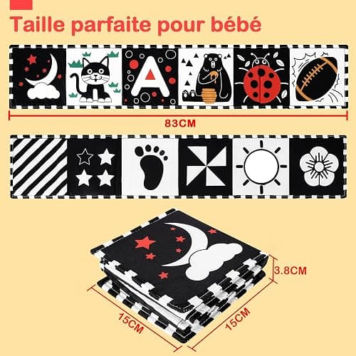 URMYWO Livre Noir Et Blanc Bébé, Jouet Éveil Bébé 0-12 Mois,Tummy Time Bébé | Jeux Bébé Montessori, Livre Tissu Bébé Éveil, Cadeau Naissance, À Fort Contraste, Éveil Visuel, Lavable, À Suspendre thumbnail 2
