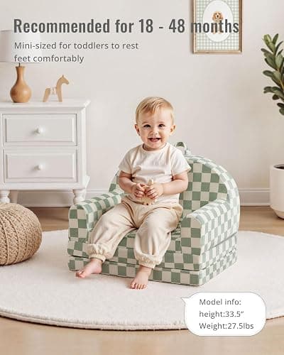 Blissful Diary Foldable Toddler Couch, 2-in-1 Comfy Toddler Chair & Lounger for Reading, Playroom, Kids Couch Sofa for Girls Boys Birthday Gift, Sage Checkered thumbnail 4