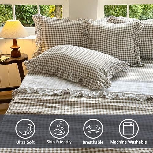 NSNLGSGC Tan Gingham Ruffle Twin Sheet Set, Taupe Soft Pre-Washed Microfiber Plaid Twin Bed Sheets, 3-Pieces Farmhouse Sheet Set with Deep Pocket thumbnail 2