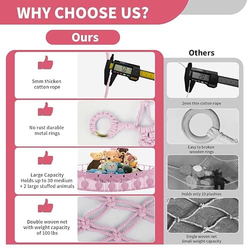 Stuffed Animal Storage Hammock Corner, 56'' Large Stuffed Animal Net Organizer for Teddy Plush Nursery Decor, Boho Macrame Leaf Toy Holder, Light Pink Toy Net w/ LED Star Light for Kid Girl Gift thumbnail 7