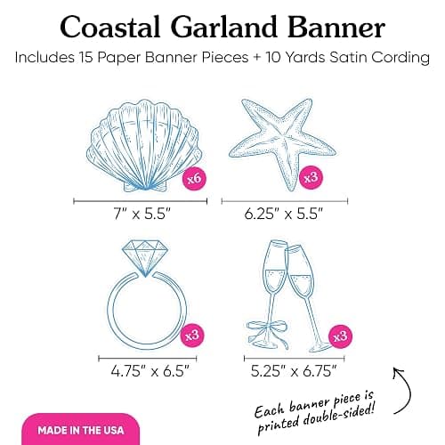 Big Dot of Happiness Last Toast on The Coast Banner, Beach Bridal or Bachelorette Party Decor, 30 Feet of Cord, 15 Double-Sided Seashells, Champagne Glasses, Wedding Ring Shaped Pieces thumbnail 4