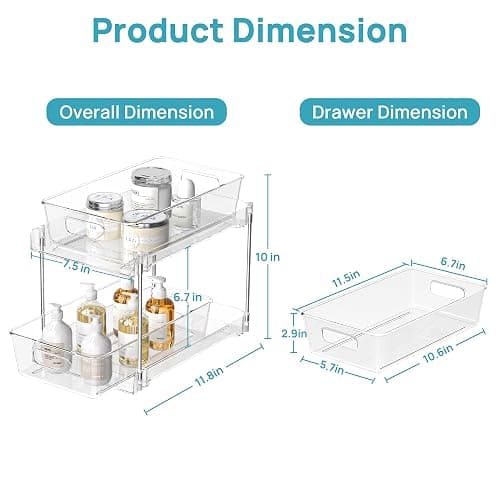 Vtopmart 4 Pack Bathroom Organizer, 2 Tier Clear Under Sink Organizers Vanity Countertop Storage Container,Cabinet Drawers Bins, Pull-Out Organization with Track for Pantry, Kitchen thumbnail 2