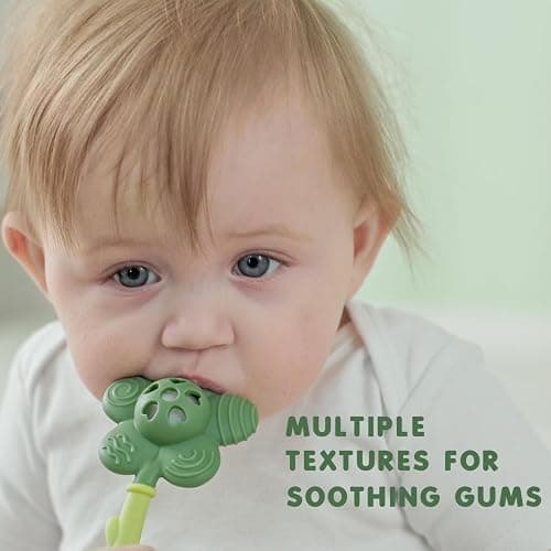 Baby Teething Toys and Rattle 2-in-1 for Babies 0-6 6-12 Months, Food Grade Silicone Teethers for Baies 3-6 Months, Infant Teething Relief Chew Toys, Sunnyflower Teether Toy BPA Free - Green thumbnail 4