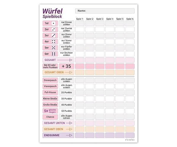 PICTALOO Würfelspiel Block DIN A5 in rosa lila, gut lesbar und übersichtlich gestaltet, moderner Ersatzblock, Spielblock groß, auch Senioren und Kinder geeignet, Würfel Spiel Set, Familienspiel (x1) - Image 1