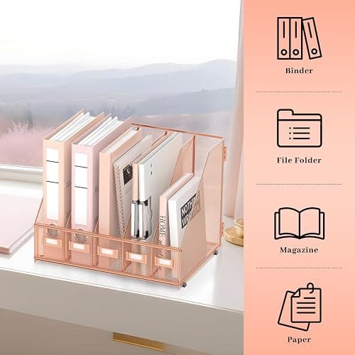 SUPEASY Desk Organizers Metal Desk Magazine File Holder with 5 Vertical Compartments Rack File Organizer for Office Desktop, Home Workspace, Rose Gold, Plus thumbnail 6