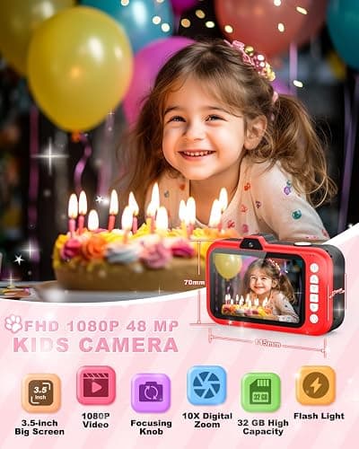 Uffylle Kids Camera, 1080P 48MP Front Selfie Toddler Camera, 3.5 inch Big Screen Toy Camera, 10X Zoom in Chritmas Birthday Gift Cameras for Kids Boys Girl Age 2 3 4 5 6 7 8 9 10 11 12, Red thumbnail 3