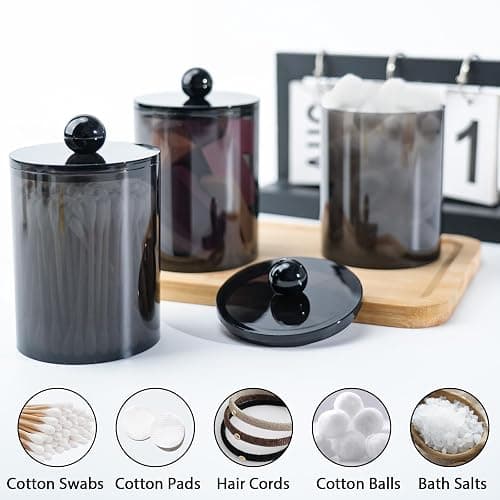 XIPENGKEJI 2 Pack Qtip Holder,Canister Apothecary Jar Set, Bathroom Jars with Lids Set for Cotton Swabs, Balls, Pads, Floss Picks,10oz-12oz Plastic Canisters Restroom Bedroom Vanity Organizer(Black) thumbnail 5
