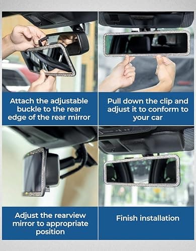 JOYTUTUS Rear View Mirror, Universal 12 Inch Panoramic Rearview Accessories with Bling Rhinestones Crystal Diamonds Edge, Interior Clip-on Wide Angle Rear View Mirror -White thumbnail 3