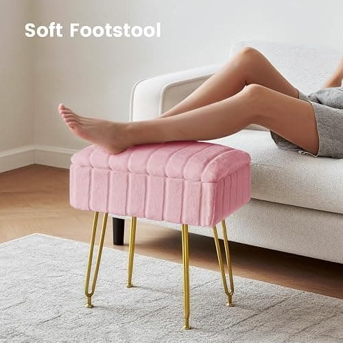 FUXA Vanity Stool with Storage, Pink Vanity Chair 4 Metal Legs with Anti-Slip Feet, Faux Fur Soft Padded Seat, Cute Small Footstool Ottoman, Modern Multifunctional Chairs for Makeup Bedroom thumbnail 6