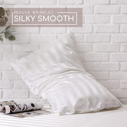 MR&HM Satin Bed Sheets, Twin Size Sheets Set, 3 Pcs Silky Bedding Set with 15 Inches Deep Pocket for Mattress (Twin, Ivory Striped) thumbnail 4