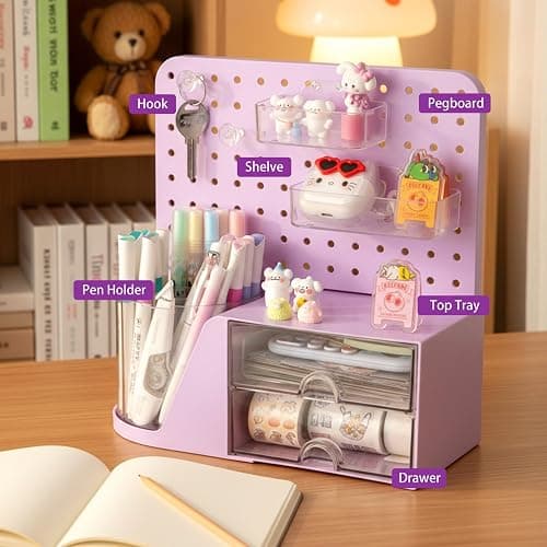 Comix Desk Organizer with 2 Drawer, Purple 360 Rotating Pen Holder for Desk | Desk Organizers and Accessories with 5 Slots Pencil Holder+Pegboard+Drawer, Pen Organizer for Home School Art Office Supplies thumbnail 4