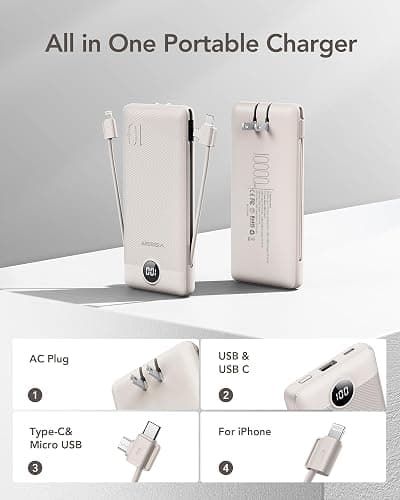 VEGER Portable Charger with Built-in AC Plug and Cables, All in One 10000mAh Ultra Slim Power Bank Travel Essentials, 15W Fast Charging Battery Pack Compatible with iPhone, Samsung, Android (Coffee) thumbnail 2