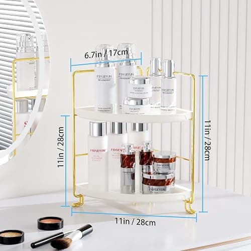 FSyueyun 2-Tier Corner Bathroom Counter Organizer, Tool-Less Installation Vanity Shelf Small Plastics Countertop Makeup Tray Skincare Perfume Organizers (Gold) thumbnail 2