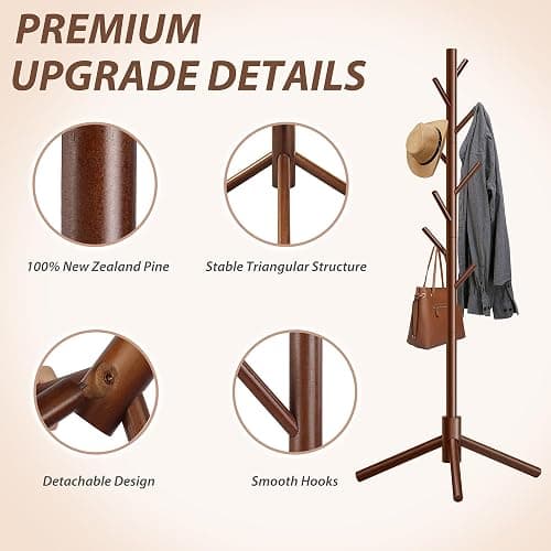 Unisakey Durable Wooden Coat Rack, Freestanding Coat Rack with Stable Triangular Base, 8 Hooks & 3 Adjustable Heights, Simple Assembly for Bedroom, Hallway, Office(New Brown) thumbnail 5