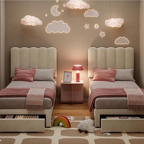 IDEALHOUSE Twin Bed Frame with Storage Drawer and Headboard, Velvet Upholstered Twin Platform Bed Frame for Girls, Strong Wooden Slats Support, Noise-Free, Easy Assembly (Beige) thumbnail 4