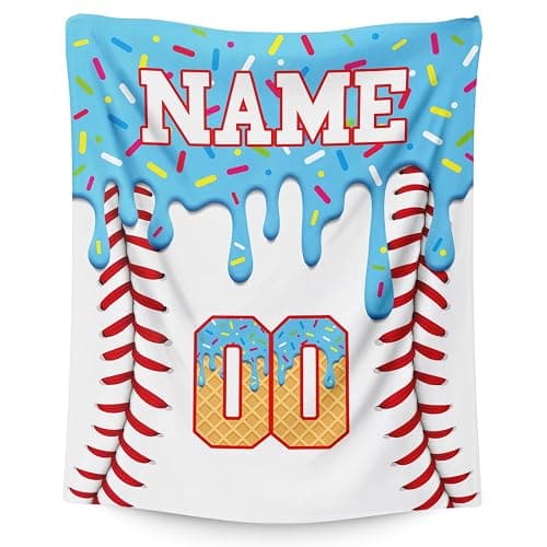 Ice Cream Baseball Blanket for Boys Girls Custom Kids Blanket Gift for Baseball Lovers, Cozy Light Blue Fuzzy Flannel Throw for Living Room Camping Club - Image 1