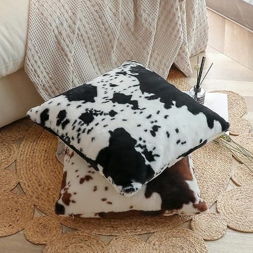 TOMWISH Cowhide Animal Black White and Brown Faux Fur Throw Pillow Covers 18x18 Set of 2 for Chair Bedroom Living Room Sofa Couch Bed Outdoor Double Sided Printing Furry Soft Cozy Pillow Covers thumbnail 2