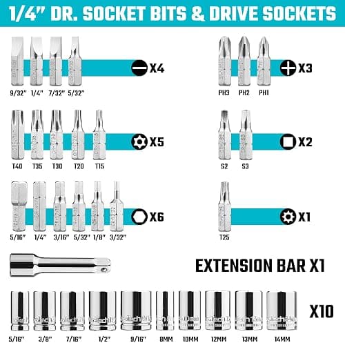 DURATECH 33-Piece 1/4" Drive Socket and Ratchet Set | 2 in 1 Flex Head Ratchet with Magnetic Bit Driver, CR-V Steel Sockets & Bits, Storage Case thumbnail 4