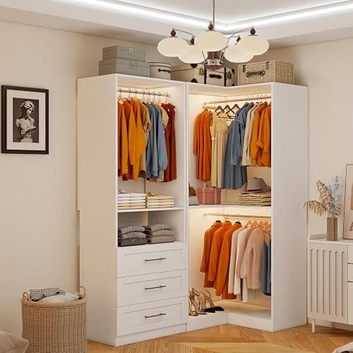 Secilix Closet System with 3 Wooden Drawers, 4.5-6FT Corner Closet Organizer System for Walk in Closet, Heavy Duty Modular Closet Systems, Built-in Shelving System with 5 Hanging Rods, 2-Piece Set thumbnail 8