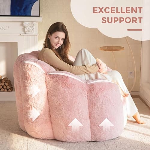 MAXYOYO Bean Bag Chair for Adults, Floral Shaped Bean Bag Sofa | Ultra Soft Faux Fur Floor Sofa, Large Reading Chair for Living Room Bedroom, Pink, Single thumbnail 9