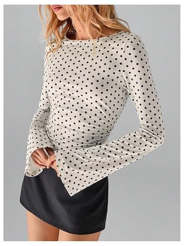 Milumia Women's Polka Dots Bell Sleeve Crop Tee Top Y2K Ruched Slim Fit Going Out T Shirt thumbnail 2