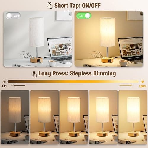 Touch Bedside Table Lamp with Memory - Stepless Dimmable Lamp for Bedroom, Small Nightstand Lamp with Dual USB Charging Ports and AC Outlet, Wood Night Light, Deak Lamp for Nursery, Living Room, Dorm thumbnail 2