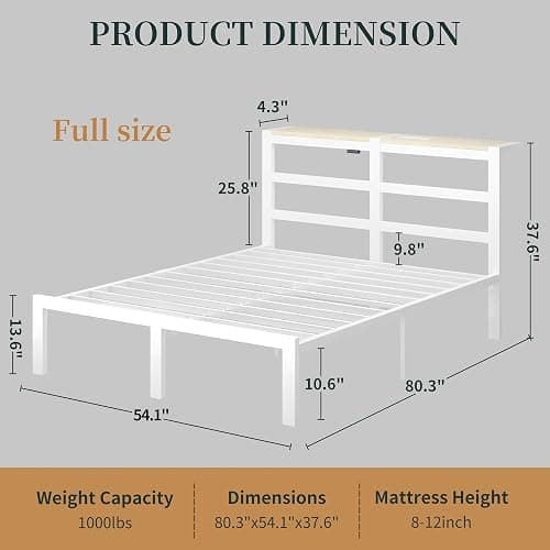 ChicZhiNest Full White Bed Frames with Charging Station and LED Lights, Full Platform Bed with Heavy Duty Metal Slats, Storage Headboard, Under Bed Storage, No Box Spring Needed, Noise Free thumbnail 2