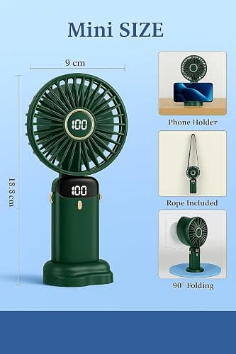 AMPMG LED Digital Display Rechargeable Fan – Portable Handheld & Desk Fan with Adjustable Speeds, USB Charging, Quiet Operation, and Base Stand for Home, Office, Travel and Outdoor Use (Green) thumbnail 2