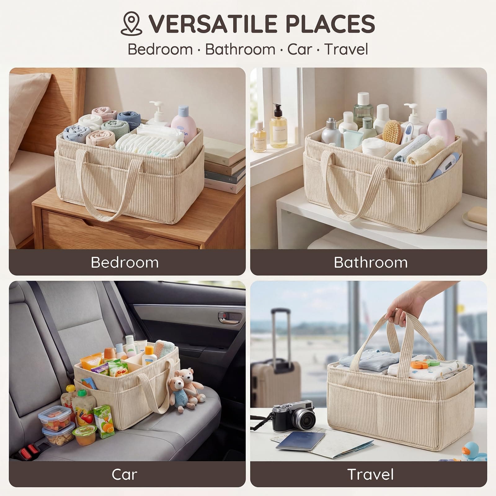 4Pcs Baby Nappy Caddy Organiser Portable Corduroy Diaper Caddy Storage Basket with Handle for Newborn Essentials, Baby Shower and Diaper Station Sand (Beige, 4Pack) thumbnail 6